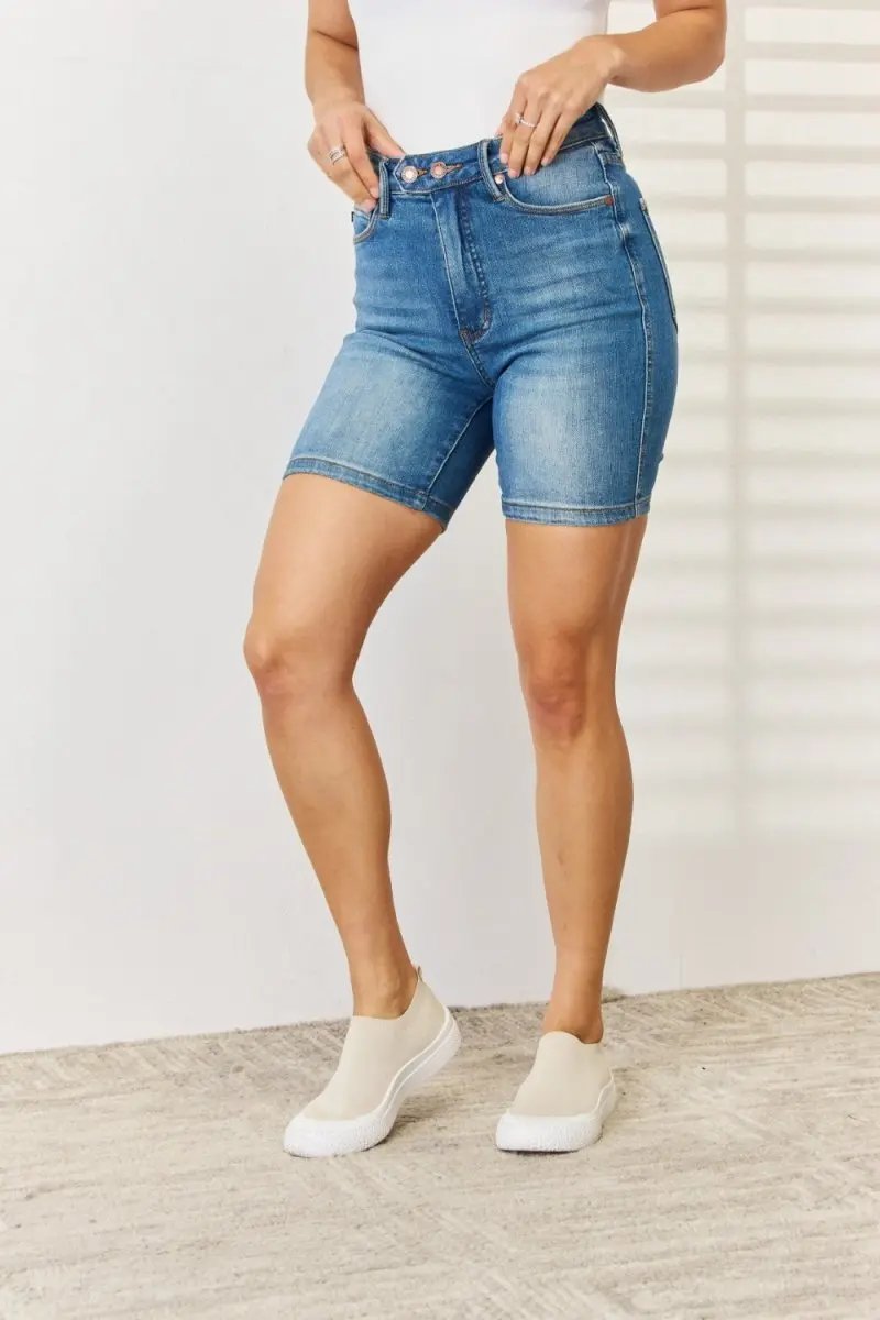 Judy Blue Full Size Tummy Control Double Button Denim Shorts - Love Salve